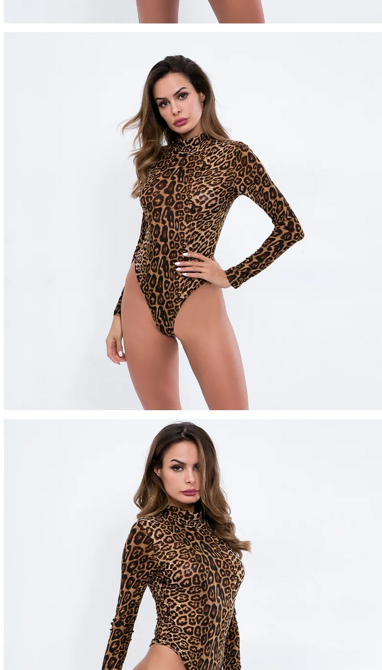 Slimming High Neck Long Sleeve Jumpsuit Fashionable Leopard Print for Women Autumn New Style plus Size  Suit