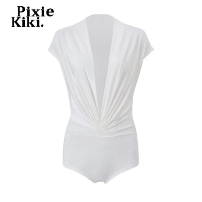 PixieKiki Sexy White Summer Rompers Deep V Neck Short Sleeve Jumpsuits One Pieces Outfits Korean Fashion Playsuit Woman P71-CZ16