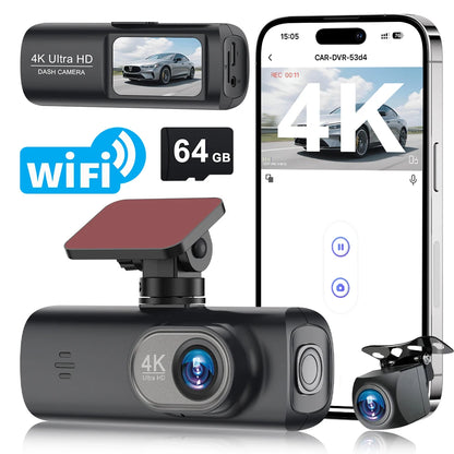 Dash Cam 4K Dual Lens Recording Car Camera DVR Night Vision Video Recorder Built-In Wi-Fi Support 24H Parking Monitoring Black Box Free 64GB Card