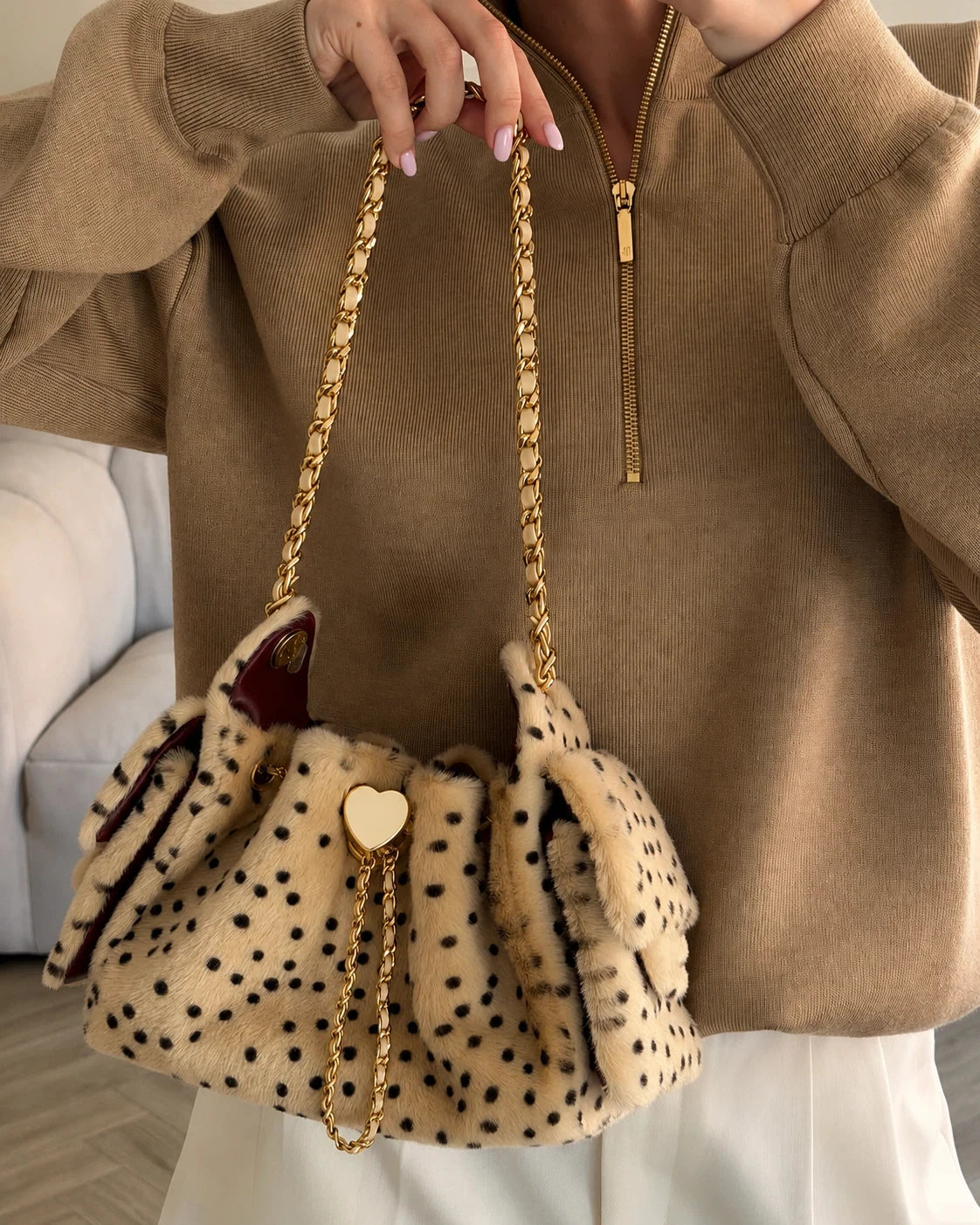 Fashion Leopart Dot Faux Fur Buckets Bag Designer Drawsting Chains Small Tote Bag Luxury Plush Shoulder Crossbody Bags 2026