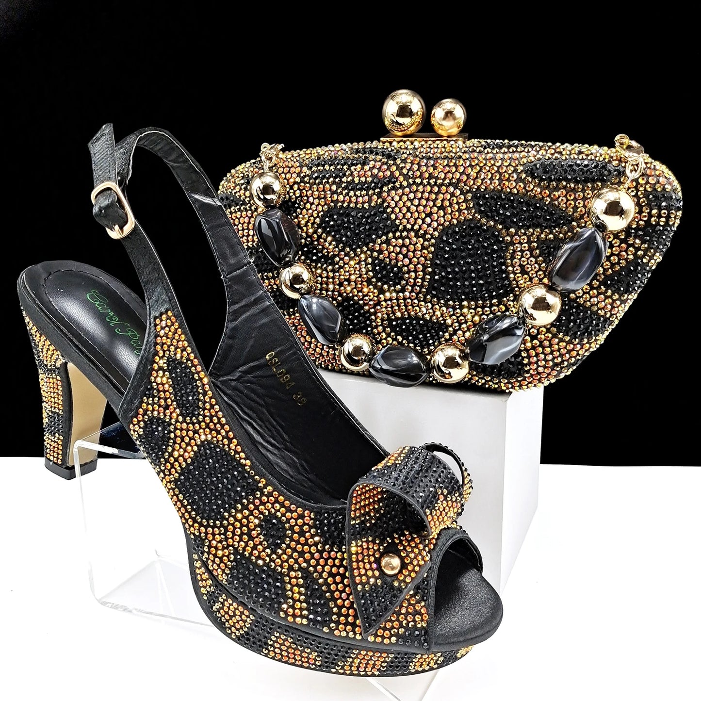 Gold Pointed Toe High Heels for Women Mixed Rhinestones Pumps Italian Shoes and Bags Matching Set For Elegant Party 38-43