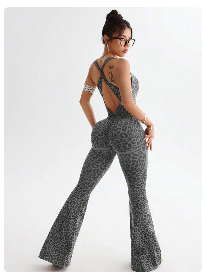 ZHEJIN Leopard Jumpsuit Women Flare Leg Yoga Romper Backless Criss Cross Workout Bodysuit Scrunch Butt Lift Gym Fitness Wear