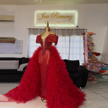 Charm Red Ruffled Tulle Maxi Skirts Puffy A-line Ruffle Layered Party Evening Ball Gown Skirt High Waist Detachable Overskirt