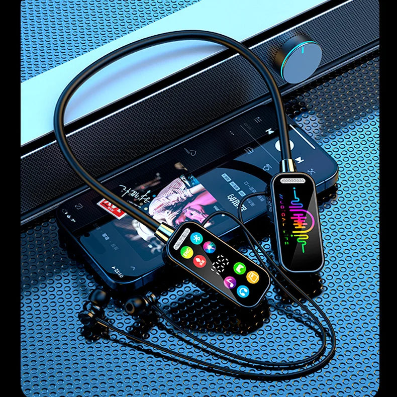 HD Screen 50H Play Time HiFi Sound Bluetooth Earphones with HD Mic Earbuds Wireless Headphones Sports Gamer Neck-hanging Headset