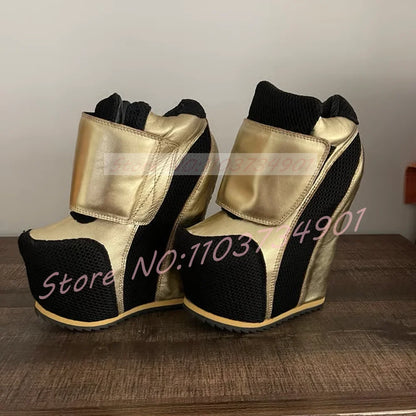 Gold Patchwork Platform Boots Women Round Toe Wedge Ankle Boots Ladies Hook Loop Closure Sneaker Heel Footwear