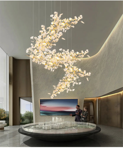 Ginkgo Leaves Loft Hanging Chandelier Light For High Ceiling Staircase Living Dining Room Modern White Porcelain Leaf Chandelier