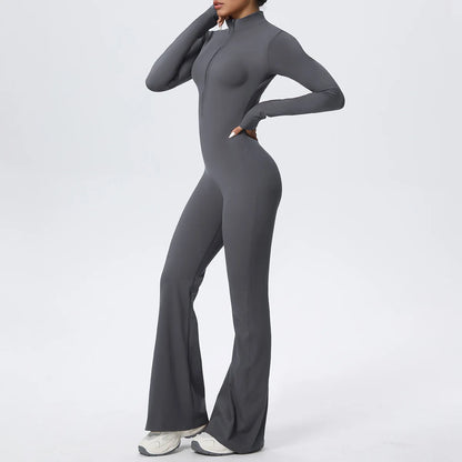 Women Long Sleeve Flare Workout Zip Up Romper Bottom Pants Wide Leg Bodysuit Bodycon One Piece Jumpsuit Activewear XP27