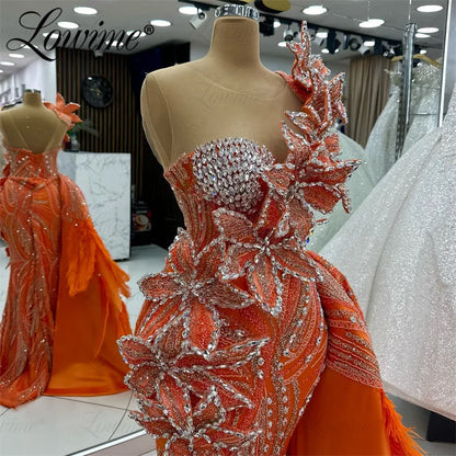 Orange Long Feathers Celebrity Dresses Mermaid Beaded Crystals Red Carpet Runway Dresses Customized Evening Gowns Vestidos 2025