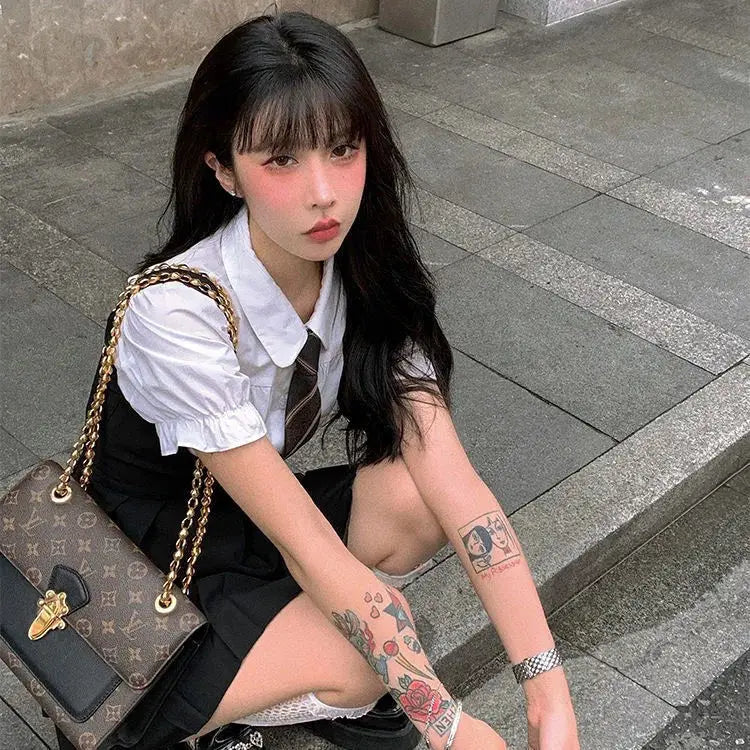 2025 korea japan style female summer fashion style jk uniform halter pleated skirt bubble short sleeve shirt two piece sets g823