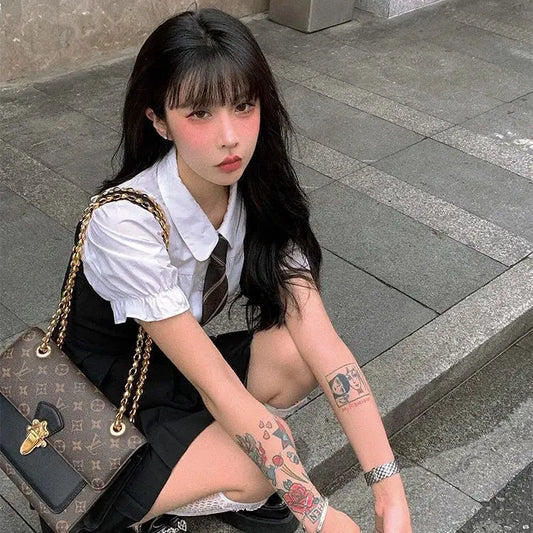 2025 korea japan style female summer fashion style jk uniform halter pleated skirt bubble short sleeve shirt two piece sets g823