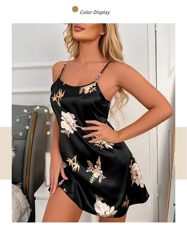 Ladies Sexy Sling Nightgown Nightdress Women's Sexy Lingerie Silk Satin Sleepwear Floral Pinting Nightwear Homewear Mini Dress