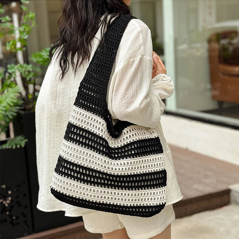 Wool Plush Woven Women Shoulder Bags Ladies Stripe Designer Knitted Braid Handbags Tote Summer Beach Shopper Purses