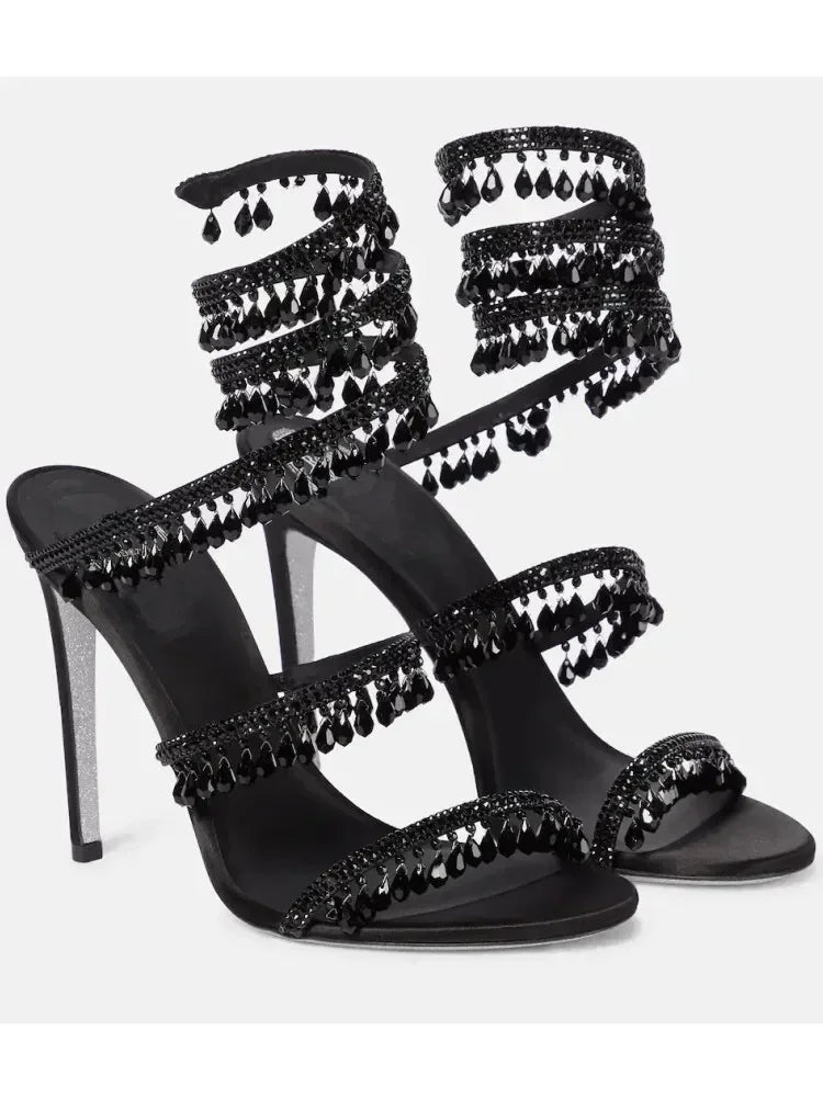 2026Women's New Water Diamond Sandals Fashion Tassel Crystal Shoes Sexy Banquet Party Twin Stiletto Women's Large Sandals