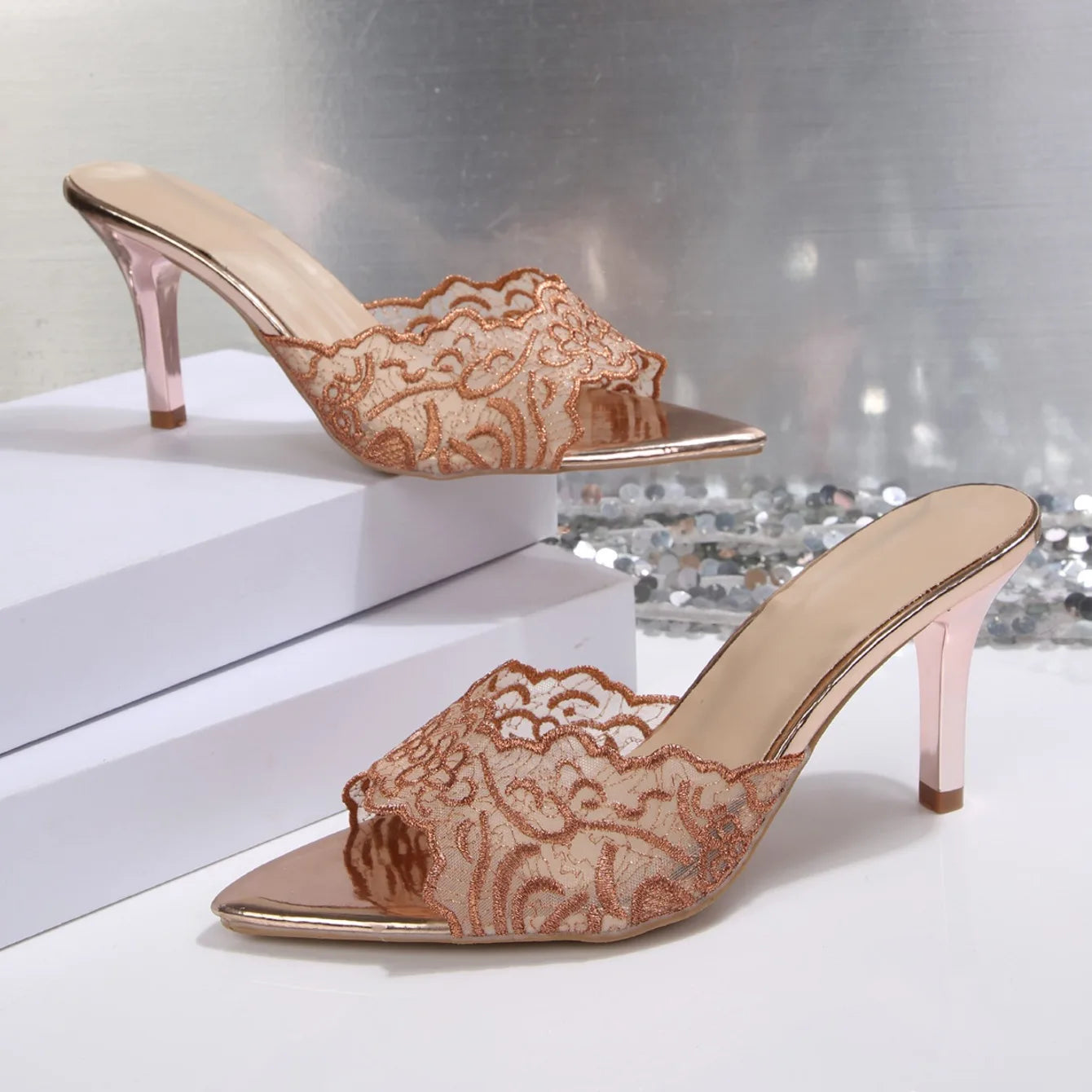 Woman Sandals Luxury Lace Crochet Mule Slippers Woman Brand Point Toe High Heel Sandals Ladies Elegant Party Stiletto Shoes