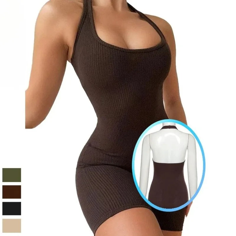 European Fashion Women's Solid Color Hollow Hanging Neck and Backless One-piece Sports Shorts with High Waist and Tight Fit