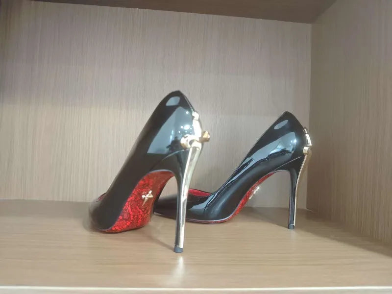 8CM-10CM Fashion Womens High Heel High Quality Metal Scepter Stiletto Pointed Leather Women Shoes Premium Single Shoes for Women