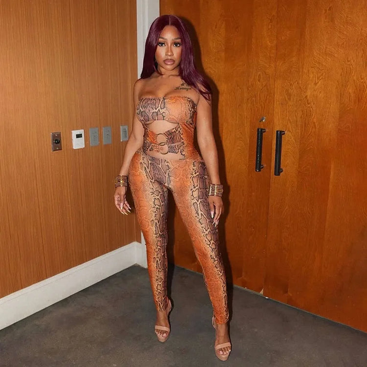 STYLISH LADY Snake Print Strapless Jumpsuits 2026 Women Hollow O Ring Sleeveless Bodycon Sexy Club Party Street Long Jumpsuit