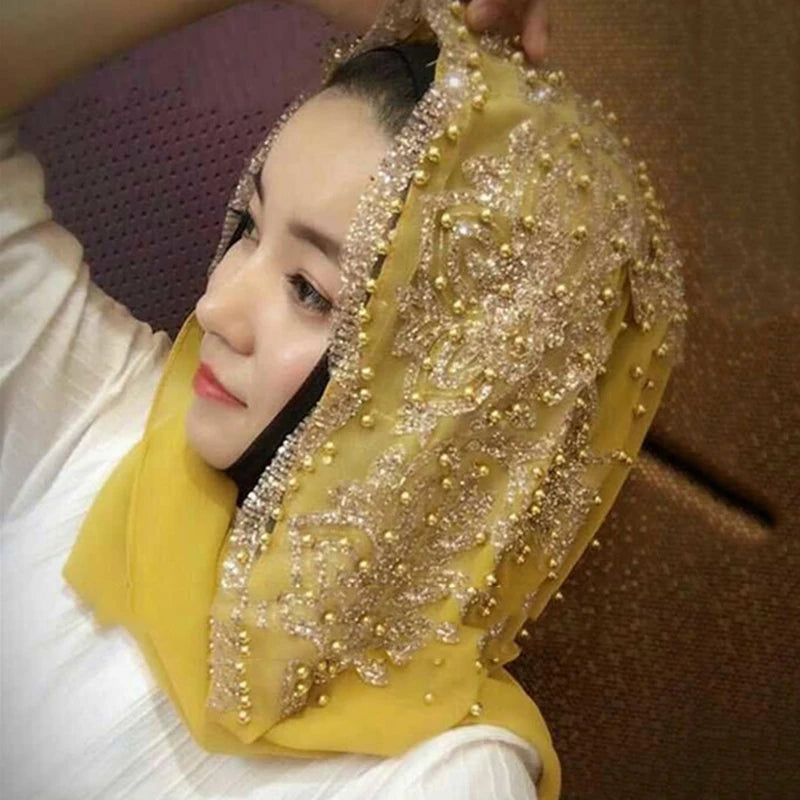 Chiffon Hijab Scarf Muslim Islamic Hijabs Scarves for Woman Long Headwraps with Bead Head Scarf Shawl Wrap Prayer Turbante