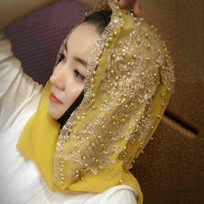 Chiffon Hijab Scarf Muslim Islamic Hijabs Scarves for Woman Long Headwraps with Bead Head Scarf Shawl Wrap Prayer Turbante