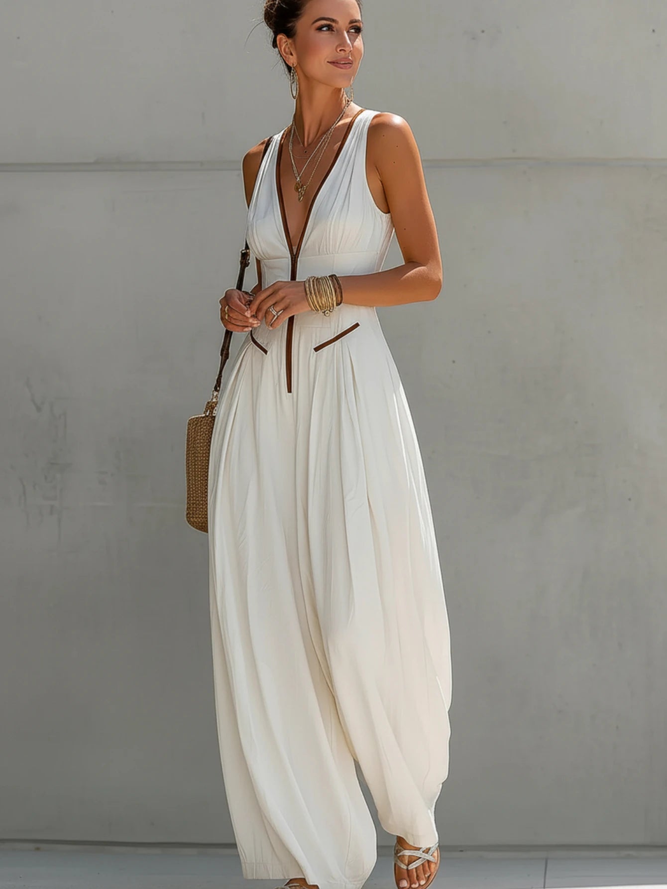 Women's Deep V Neck Sleeveless Front Zip Pocket Wide Leg Jumpsuit For Street Travel Daily Weekend Casual Fashion Occasions