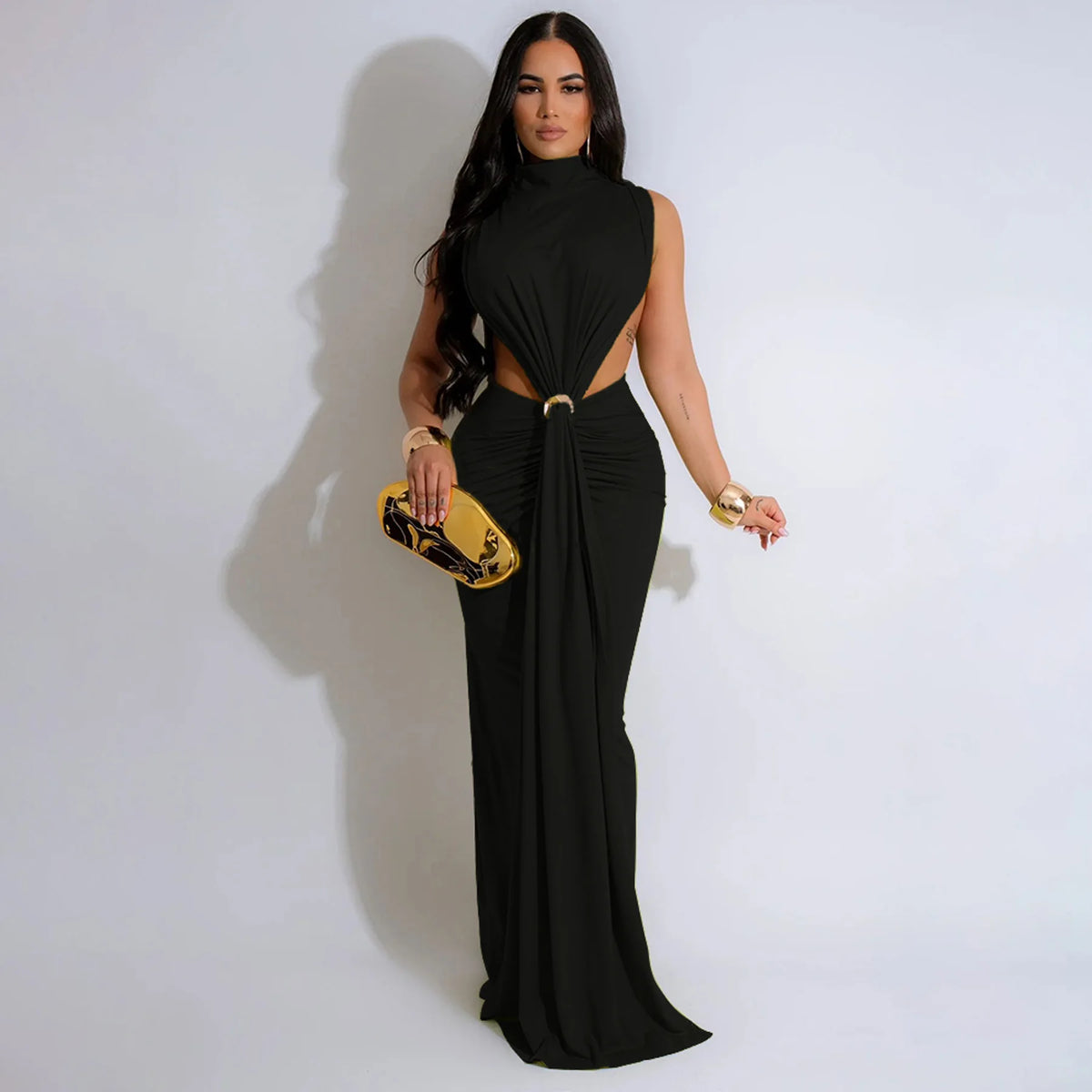 CM.YAYA Women O-neck High Split Ruched Stacked Bodycon Midi Maxi Dress 2024 Evening Party Club Vestidos Sexy Chic Long Dresses