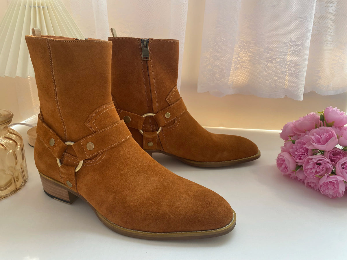 Brown Men Chelsea Boots Handmade High-quality Cow Suede Business Casual Square Toe Mid-heel Men Shoes Motorcycle Boots With Heel