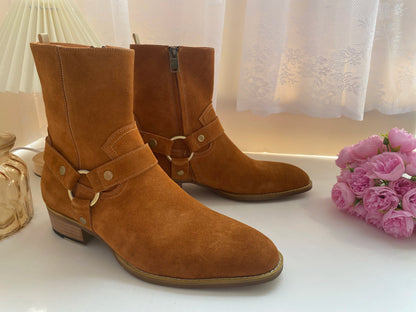 Brown Men Chelsea Boots Handmade High-quality Cow Suede Business Casual Square Toe Mid-heel Men Shoes Motorcycle Boots With Heel