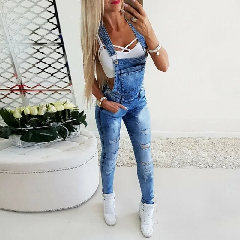 Casual Denim Jumpsuit Summer Ladies Long Pants Rompers Women Jumpsuit Overalls Ripped Jeans Strappy Off Shoulder Boyfriend Jeans