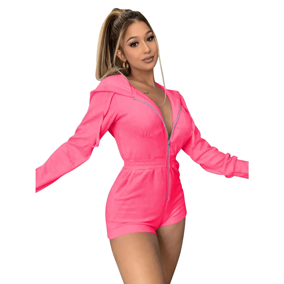 Hooded Jumpsuit Women Short Jumpsuit Black Blue Neon Geen Pink Overalls One Piece Outfit Jumpsuit Women Rompers Ropa Mujer