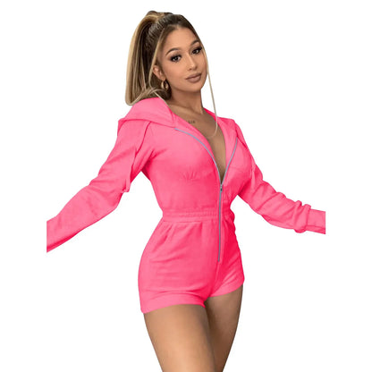 Hooded Jumpsuit Women Short Jumpsuit Black Blue Neon Geen Pink Overalls One Piece Outfit Jumpsuit Women Rompers Ropa Mujer