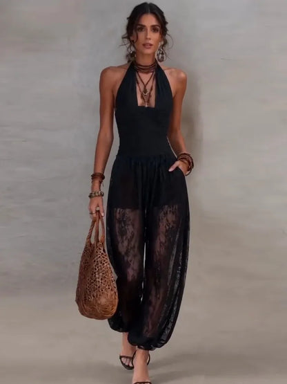 Solid Women Lace Jumpsuits For Spring Summer Sleeveless V-Neck Loose Fashion Streetwear Overalls Pants Trousers 2026