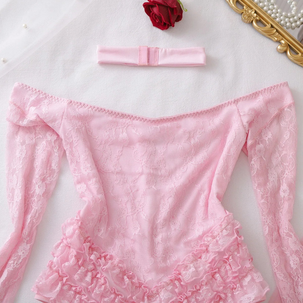 SINGREINY Off Shoulder Hotsweet Sexy Bodysuits Women Long Sleeves Ruffles Sweet Rompers Hollow Out Floral Lace Pink Playsuits