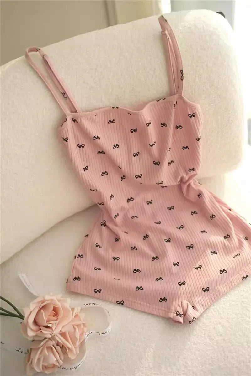 2026 Summer Sexy One-Piece Pajamas for Women Backless with Bow Printed Pink One-Piece Shorts Pajamas Adult Onesie