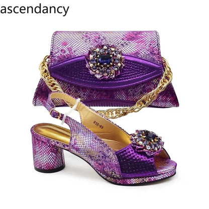 New Arrival Italian Shoes and Bags Matching Set 2024 Nigerian Heel Party for Women Purple Colour Italian Design Wedding Dress