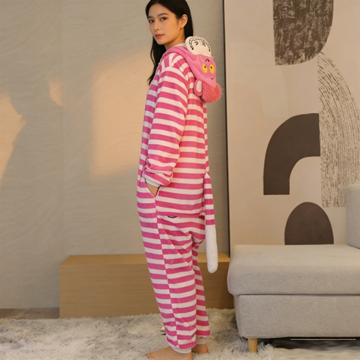 Cheshire Cat Cartoon One-Piece Pajamas Flannel Men and Women  Home Wear Autumn and Winter Home Clothing for Autumn and Winter