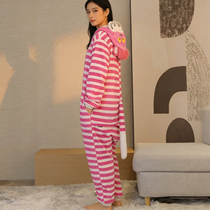 Cheshire Cat Cartoon One-Piece Pajamas Flannel Men and Women  Home Wear Autumn and Winter Home Clothing for Autumn and Winter