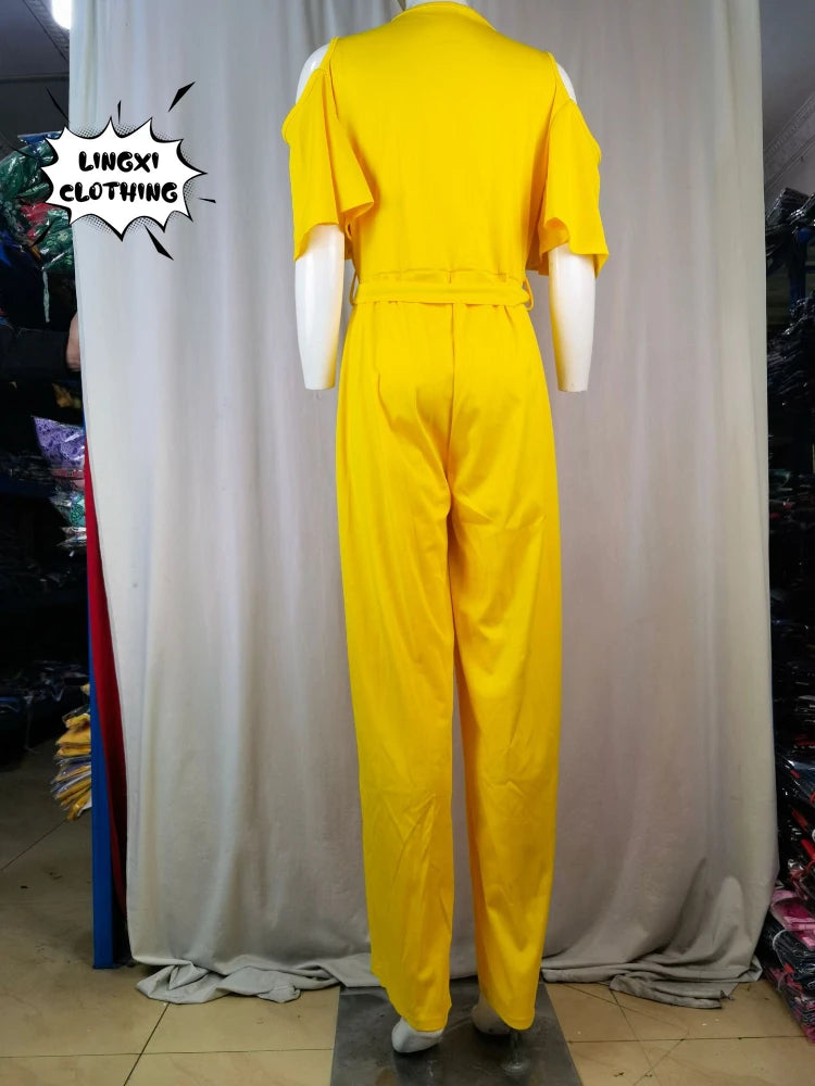 2024 Spring/Summer New Women's jumpsuit loose and elastic V-neck off shoulder waist loose wide leg pants for women's clothing