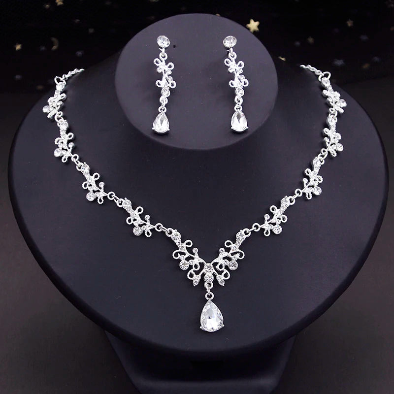 Elegant Silver Color Crystal Bridal Jewelry Sets Princess Tiara Crown and Necklace Earrings Sets for Bridal Wedding Prom Gifts