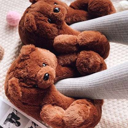 Cute Teddy Bear Plush Winter Slippers, Wrapped Heel Funny Indoor Floor Shoes, Women Gift, Warm Soft Cartoon Fluffy Animal Slippe