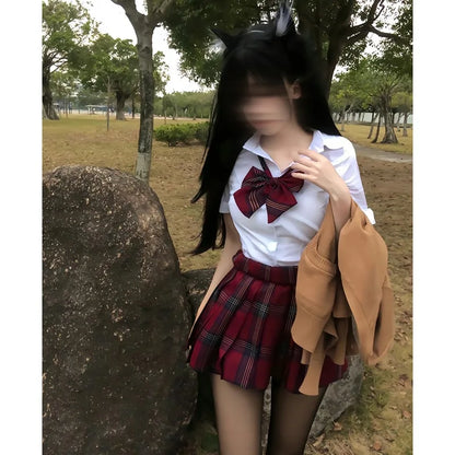 Cosplay School Uniform for Girls Japanese Students JK Uniform Short-sleeved shirt, Red Checked Skirts