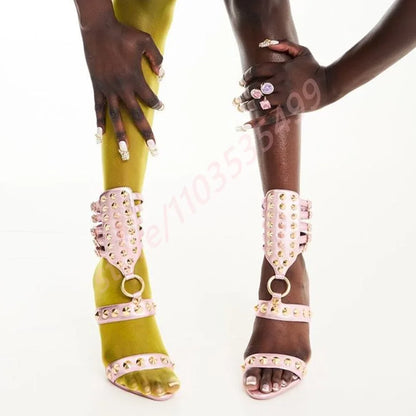 Metal Rivet Open Toe Roman Sandals 2025 Summer New Sexy Catwalk Stiletto Ladies Sandal Ins Style Street Fashion Party Stage Pump