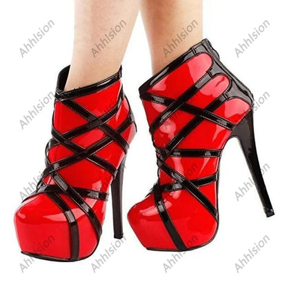 Ahhlsion Handmade Women Winter Ankle Boots Hidden Platform Stiletto Heels Round Toe Pretty Red Party Shoes US Plus Size 5-20
