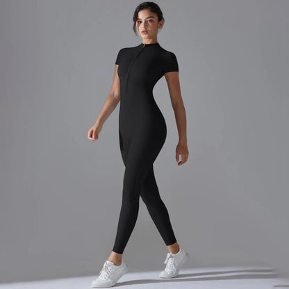 Womens Jumpsuits Short Sleeve Yoga Slim Fit Stretch One Piece Romper Sexy Fitness Female Basic Sportwears Black Zipper Ladies