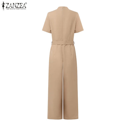 ZANZEA Street Fashion High Waist Jumpsuits Women Workwear Belt Rompers Solid Deep V Neck Elegant Office Lady Long Overalls