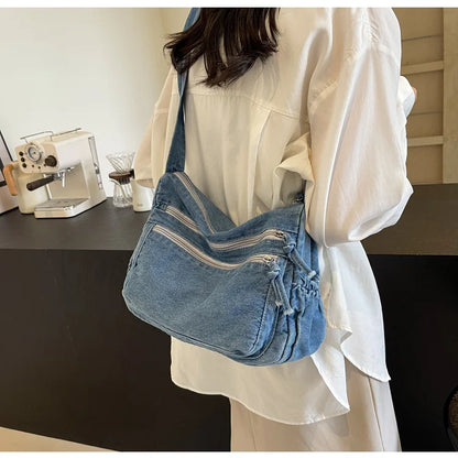 Vintage Denim Women's Shoulder Bag Large Capacity Messenger Bag Multi-pockets Satchel Bags Adjustable Strap Ladies Crossbody Bag