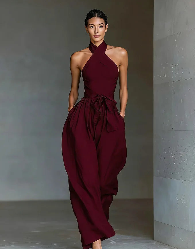 2026 High Waist Tie-up Wide Leg Pants Jumpsuit Woman Sexy Criss Cross Halter Backless Zips Romper Summer Solid Office Overalls
