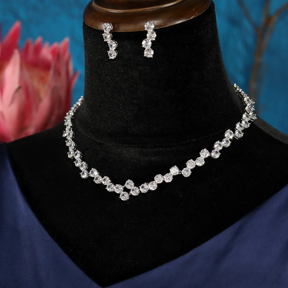 Cubic Zirconia Circular Necklace And Earring For Women Fashion Elegance Wedding 2pcs Jewelry Sets Luxury Bridal Accossories