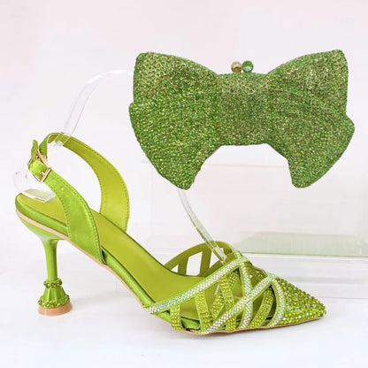 Insightlink Green Crystal High Heel with Bag Set for Bridal Wedding Party Designer Pointed Toe and Clutch Luxury Sandal Handbag