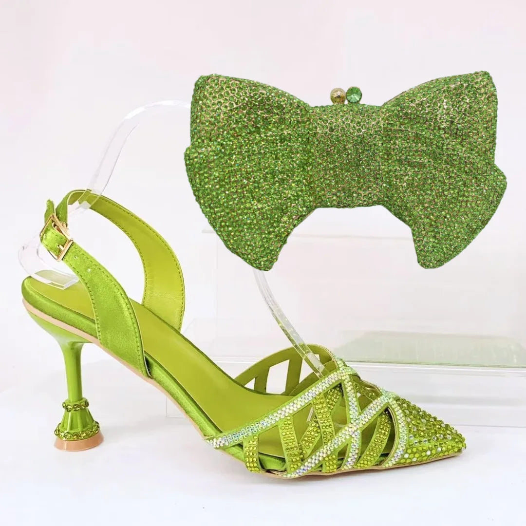 Insightlink Luxury Olive Green Rhinestone High Heel Shoes & Matching Clutch Bag Set – Elegant Pointed Toe Block Heel Sandals