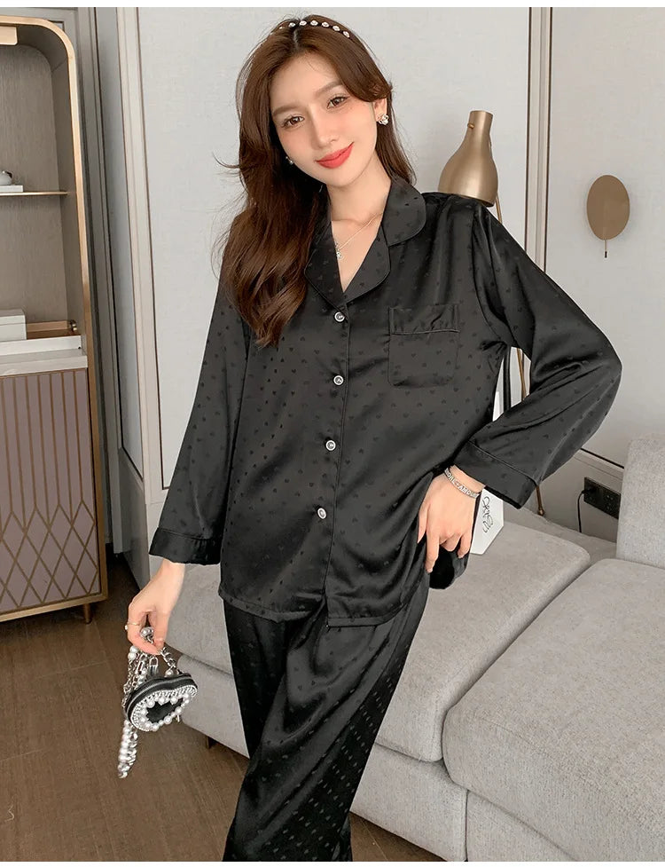 Women's New Arrival Silk-Feel Ice-Silk Lightweight Long-Sleeve Pajama Set Two-Piece Comfortable Homewear Suit
